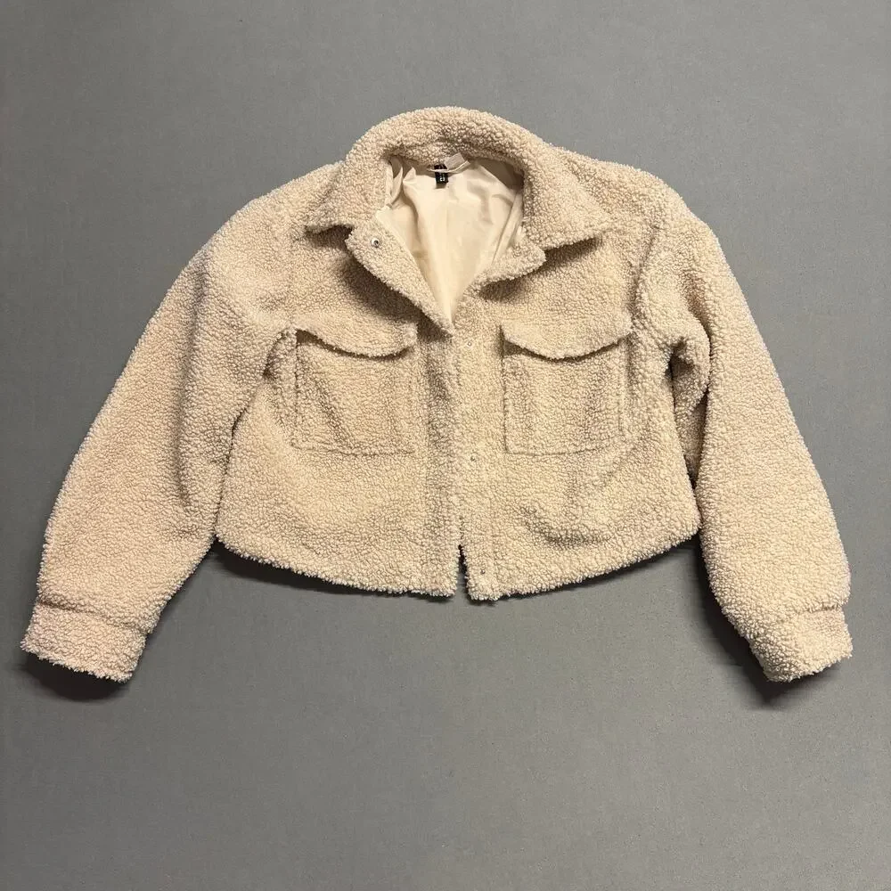 H&M Divided Cropped‎ Teddy Jacket Size Small Beige - Picture 3 of 14